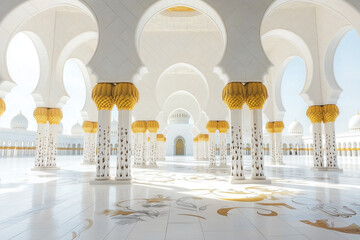 white and gold intricate archway adorned with ornate detailing and beautiful calligraphy, showcasing exquisite craftsmanship. With copy space. 