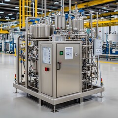 A modern industrial processing machine in a spacious factory with metal components and pipes, designed for efficient production.