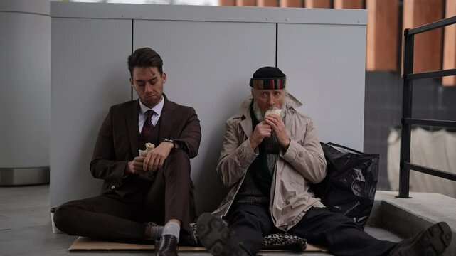 Portrait of successful businessman and elderly homeless man finding common ground as sharing simple meal sitting together on urban street. Concept of social issues and economic disparity.