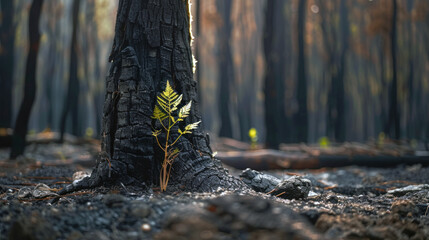 Obraz premium A blackened tree trunk with a small, green fern sprouting at its base, symbolizing new growth after a forest fire.