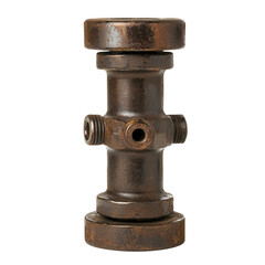 Industrial metal fitting with a rusted finish, ideal for machinery and construction contexts. transparent background