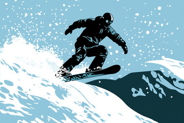 Vector snowboarder illustration with dynamic pose and snow flying around, capturing the thrill of snowboarding with copy space. Bright light. Snowy mountain background.