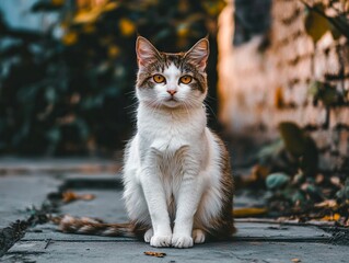 A white and brown cat sitting on a sidewalk