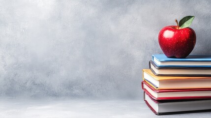 Red Apple on Colorful Stack of Books