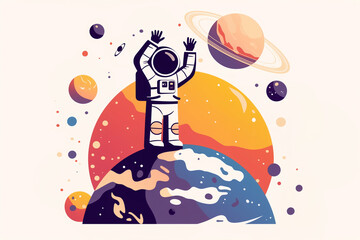 An astronaut stands in space and waves. Exploring the universe.