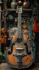 Naklejka premium Vintage Acoustic Guitar with Intricate Design and Ornamentation