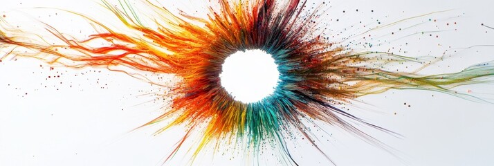 The vibrant fibers radiate from the central hole, creating a dynamic circular pattern on a white background. Captured with fine detail, they evoke a sense of movement and flow.