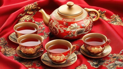 Fototapeta premium Elegant Red Teapot and Cups on Decorative Fabric