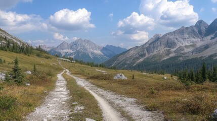 Naklejka premium Scenic Mountain Trail with Blue Sky and Clouds
