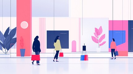 Obraz premium Flat modern set, people with shopping bags in mall, Minimalist zen of consumerism, fractal patterns in architecture, time-lapse trails of shoppers, Surreal proportion play, quantum entanglement of