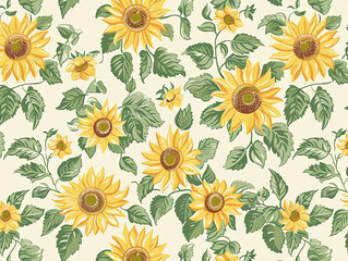 Cheerful Sunflower Floral Background Description: Vibrant yellow sunflowers with green leaves against a soft cream backdrop, continuous and bright.