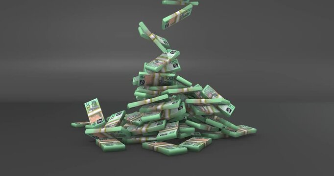 Australian dollar bill banknote Falling  droop on floor black backround, 4k animation footage 3d rendering