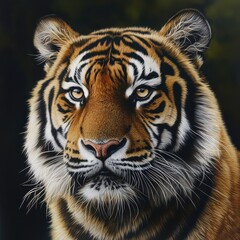 Fototapeta premium A close-up portrait of a majestic tiger, showcasing its striking features and fierce gaze against a blurred natural background.