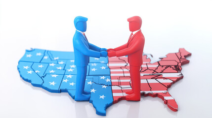 Red and Blue Political Figures Shaking Hands Over Divided USA Map