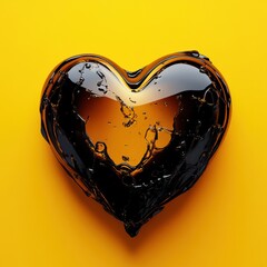 A glossy black heart shape with droplets on a vibrant yellow background, symbolizing love and passion.