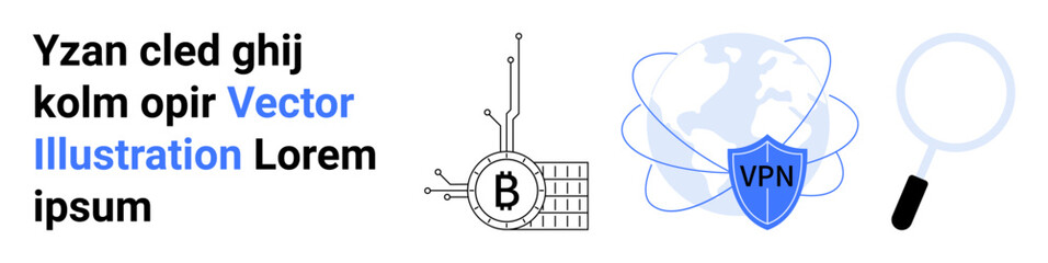 Bitcoin blockchain symbol, globe with VPN shield, and magnifying glass. Ideal for cybersecurity, blockchains, online privacy, search optimization, fintech, web security, and digital currencies