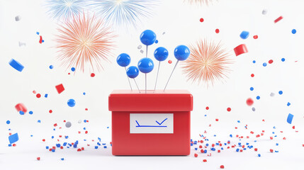 Animated 3D Ballot Box with Fireworks and Confetti in Red, White, and Blue