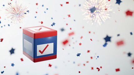 3D Ballot Box with Checkmark and Patriotic Fireworks for Election Celebration
