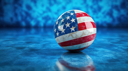 American flag pattern sphere on reflective blue background. Studio shot for patriotic concept. Independence Day and Memorial Day theme.