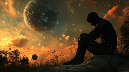 A lone figure sits on a rock, gazing up at a vast, starry sky with a giant planet in the background.