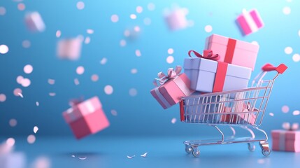 Small shopping cart with gift boxes on blue background, miniature retail wonderland, Origami-style unfolding presents, fractal bow patterns, quantum-sized celebration particles, Time-frozen moment of