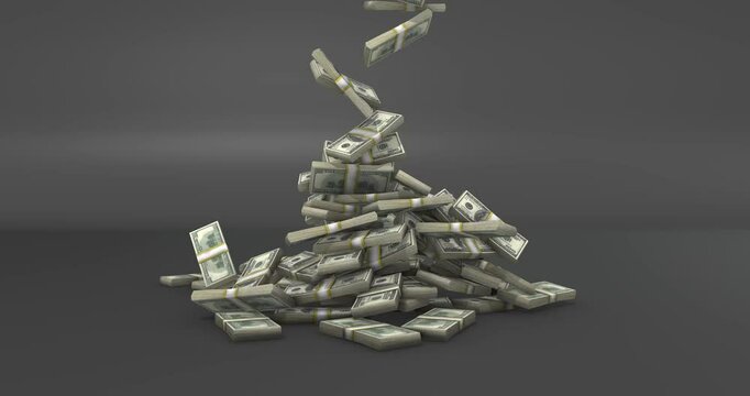 Us dollar bill bank note Falling  droop on floor black backround, 4k animation footage 3d rendering