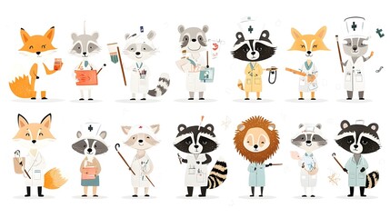 Collection of adorable illustrated animals in imaginative career roles including a fox lion pilot and a raccoon nurse set against a clean white background in a surreal whimsical style