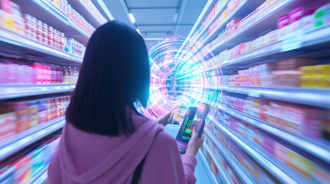Woman buying products in food aisle, epicurean adventure unfolding, Surreal product placement, gravity-defying groceries, time-dilated decision-making moment, Holographic nutritional info swirling,