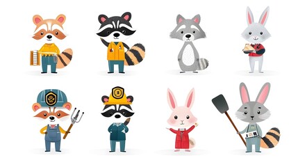 Whimsical Depicting a Raccoon Engineer Rabbit Firefighter and Wolf Teacher in Engaging Animal Themed Occupational Roles