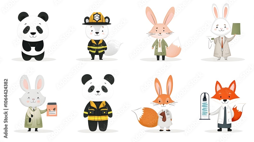 Aufkleber Diverse collection of adorable animal characters including a panda firefighter a rabbit teacher and a fox scientist displayed in a on a simple white background
