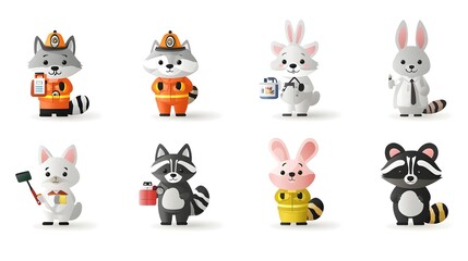 Fototapeta premium Colorful depicting a collection of animals a wolf firefighter a rabbit scientist and a raccoon teacher working together in various professional roles and settings The creative