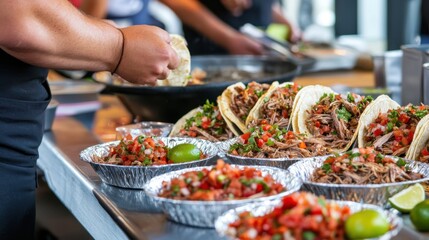 Obraz premium Chefs prepare delicious tacos for hungry diners