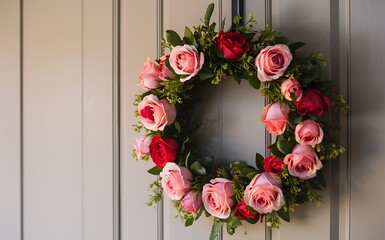 Valentine Pink and red rose wreath on gray wooden door.