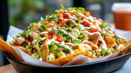 Savor delicious loaded nachos topped with fresh ingredients