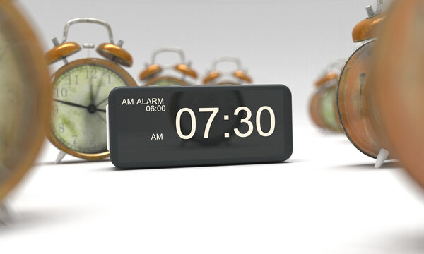 Digital alarm clok and clasic alarm clock dept of field on black backround 3d rendering