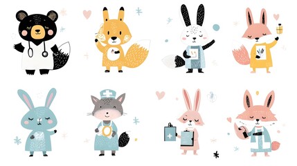 Vibrant depicting a diverse group of anthropomorphic animal characters   a bear nurse a rabbit scientist and a fox   working together in a creative studio environment symbolizing teamwork