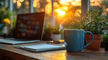 A tidy, organized desk with a computer, notebook, and coffee mug.