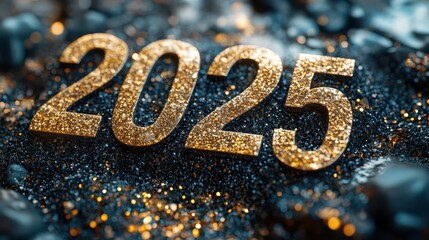 Glistening numbers 2025 on a sparkling black surface, symbolizing prosperity and new beginnings for the upcoming year.
