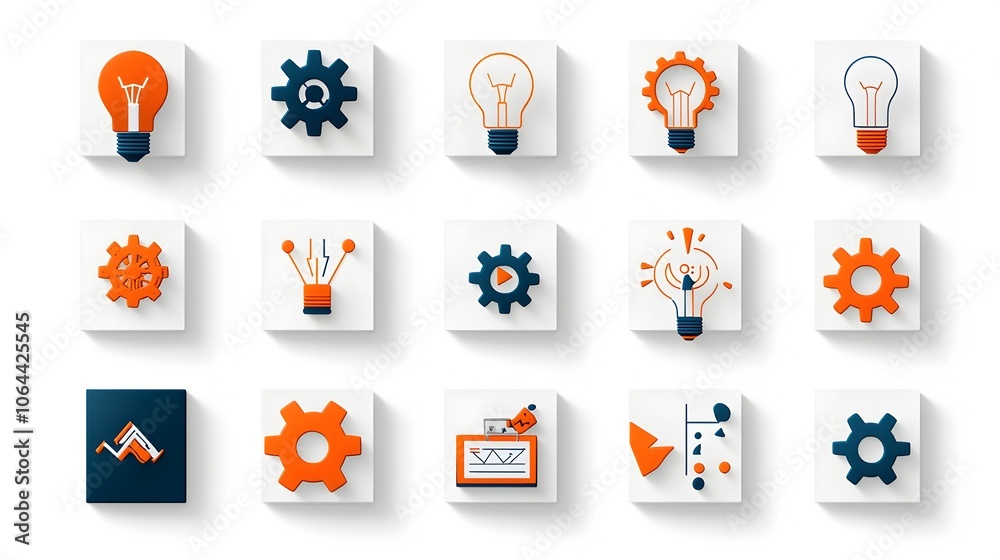 Poster Creative solutions symbolized by a collection of icons including lightbulbs gears and brainstorming symbols on a clean white background representing innovation strategy and problem solving