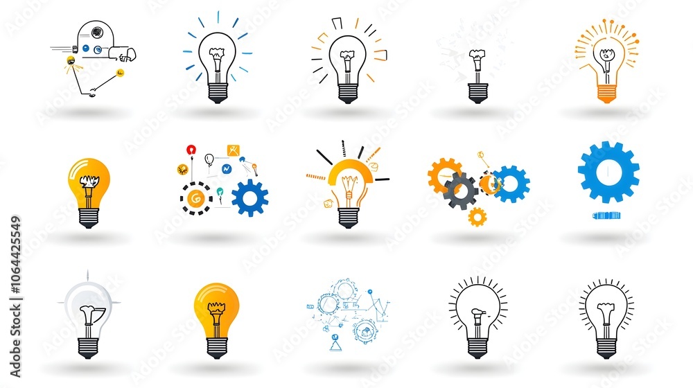 Aufkleber This image features a collection of icons and symbols representing brainstorming ideation and creative solutions  The lightbulbs gears and other abstract elements are arranged on a clean