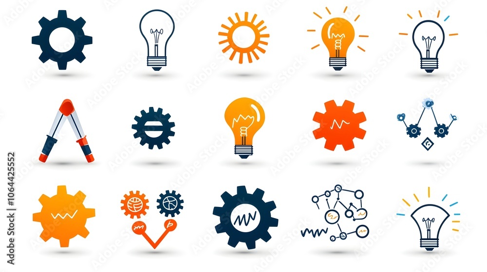 Poster collection of icons representing creative solutions including lightbulbs gears and brainstorming sym