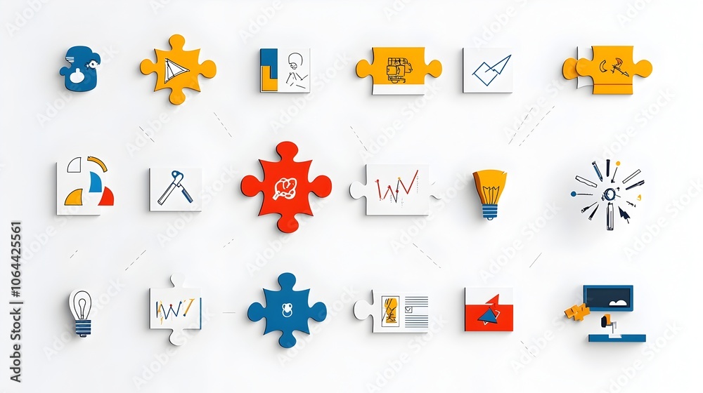 Aufkleber Infographic icons illustrating innovative problem solving strategies with symbols of puzzles ideas and on a clean white background  Conceptual diagram highlighting business efficiency workflow