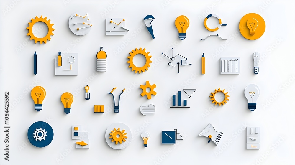 Poster Collection of creative icons representing brainstorming problem solving and innovative business solutions on a minimalist white background  Includes symbols such as lightbulbs gears