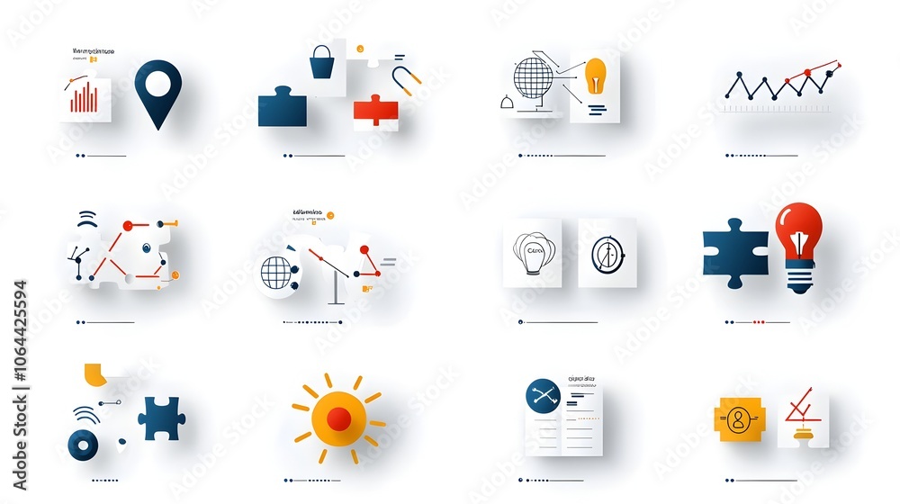 Poster Creative infographic icons illustrating innovative problem solving techniques with symbols of puzzles ideas and on a clean white background