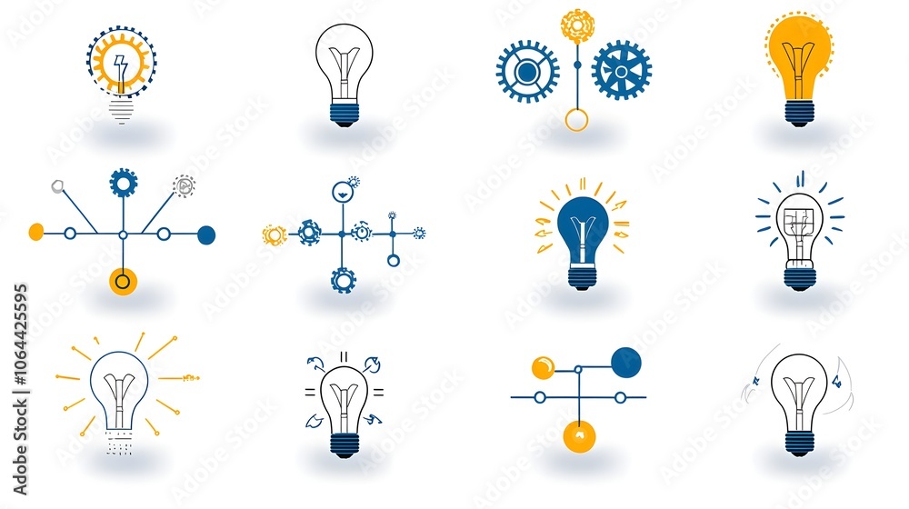 Aufkleber set of icons and depicting the process of new idea innovative thinking  Featuring lightbulbs gears and solution pathways against a clean white background symbolizing creativity strategy