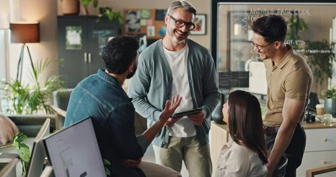 People, happy or tablet in office for web development, brainstorming or casual meeting. Software engineer team, tech or laugh in agency for funny story, inside joke or career humor with communication