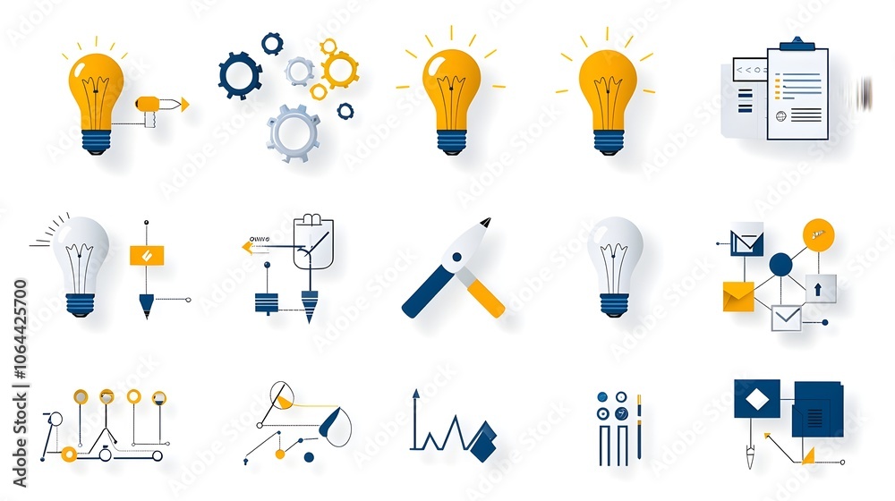 Poster Lightbulb icons and symbols of creative tools on a white background representing forward thinking solutions and innovative strategies