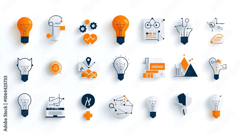 Aufkleber A set of iconic symbols and graphics representing breakthrough ideas innovation creative strategies and collaborative thinking on a simple minimalist white background