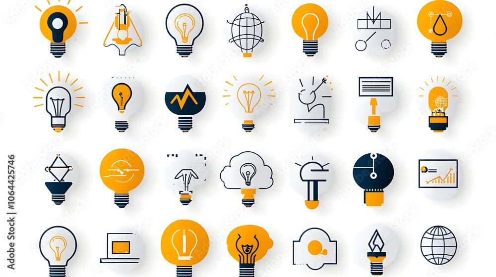 Poster This image showcases a collection of graphic icons and symbols illustrating the concepts of innovation teamwork and creative problem solving  The design features various elements such as lightbulbs