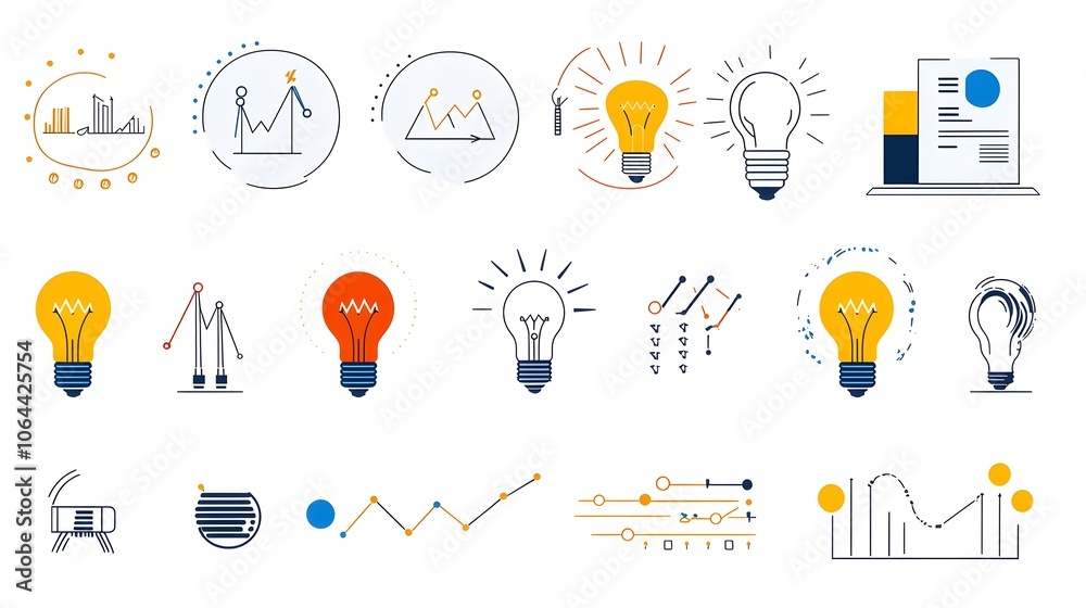Poster collection of illustrative icons showcasing various elements of innovation including lightbulbs thou
